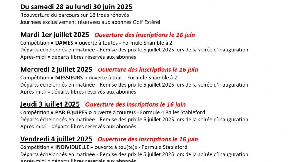 REOUVERTURE DU PARCOURS DE L'ESTEREL SUR 18 TROUS = SAMEDI 28 JUIN 2025